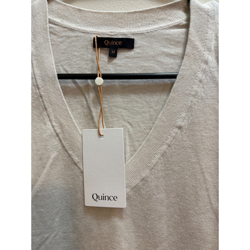 Quince Sweater Women M Heather Bone Cotton Cashmere Blend V-Neck Lightweight NWT - Picture 3 of 8